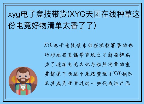 xyg电子竞技带货(XYG天团在线种草这份电竞好物清单太香了了)